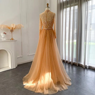 Golden Elegance: Mermaid Arabic Evening Gown with Luxurious Overskirt and Long Sleeves - A Regal Choice for Muslim Wedding Celebrations and Formal Affairs.