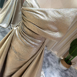 Golden Mirage: Dubai-Inspired Gold Mermaid Evening Gown with Elegant Overskirt - The Ultimate Choice for Black Girls' Weddings, Proms, and Grand Soirees.