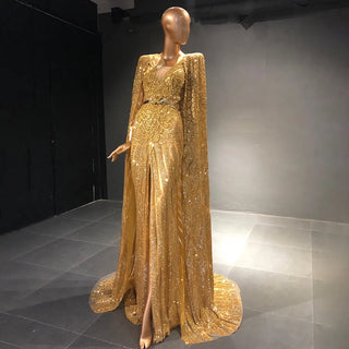 Golden Oasis: Dubai-Inspired Evening Gown Adorned with Sparkly Beads and Elegant Cape - A Dazzling Choice for Weddings and Grand Soirees.