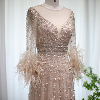 Dubai Elegant Nude Luxury 2024 Beaded Feathers Long Formal Occasion Evening Dress: For Women's Wedding