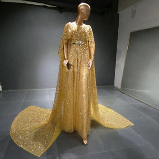 Golden Radiance: Dubai-Inspired Beaded Evening Gown with Cape Sleeves - Perfect for Weddings, Engagements, and Formal Soirees.