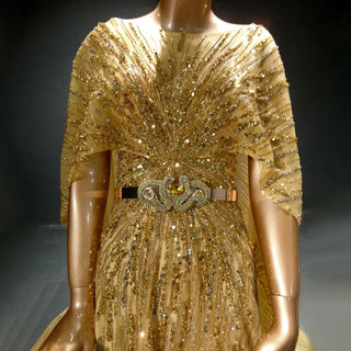 Golden Radiance: Dubai-Inspired Beaded Evening Gown with Cape Sleeves - Perfect for Weddings, Engagements, and Formal Soirees.