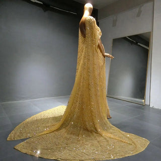 Golden Radiance: Dubai-Inspired Beaded Evening Gown with Cape Sleeves - Perfect for Weddings, Engagements, and Formal Soirees.