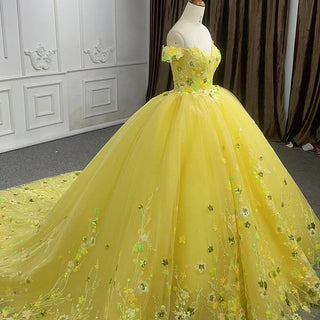 Golden Radiance: Yellow Sequins off Shoulder Lace Evening Party Quinceañera Dresses