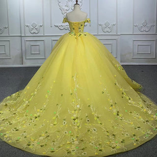 Golden Radiance: Yellow Sequins off Shoulder Lace Evening Party Quinceañera Dresses