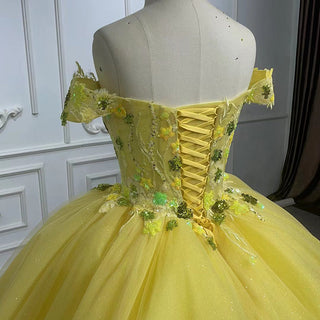 Golden Radiance: Yellow Sequins off Shoulder Lace Evening Party Quinceañera Dresses