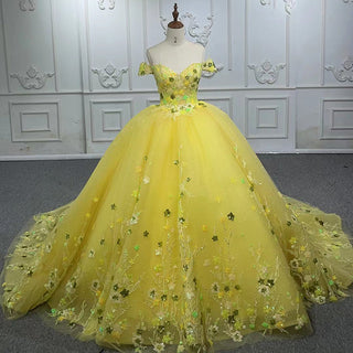 Golden Radiance: Yellow Sequins off Shoulder Lace Evening Party Quinceañera Dresses