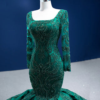 Green Elegance: Square Collar Long Sleeve Evening Mermaid Dress