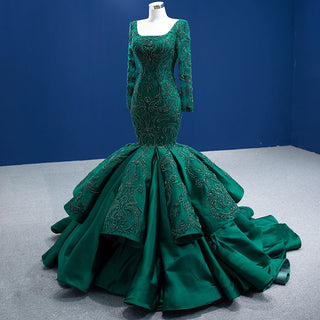 Green Elegance: Square Collar Long Sleeve Evening Mermaid Dress