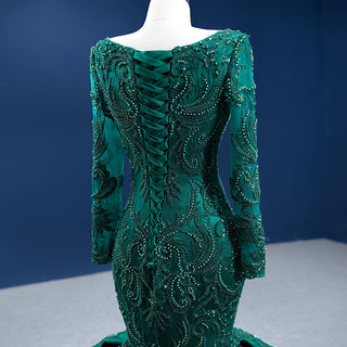 Green Elegance: Square Collar Long Sleeve Evening Mermaid Dress