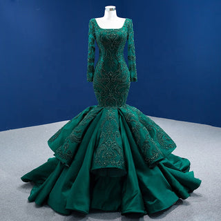 Green Elegance: Square Collar Long Sleeve Evening Mermaid Dress