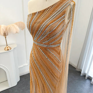 Luxury Beaded Dubai Gold Mermaid Evening Dress with Cape Sleeve: Long, Elegant Women's Wedding and Formal Party Gowns