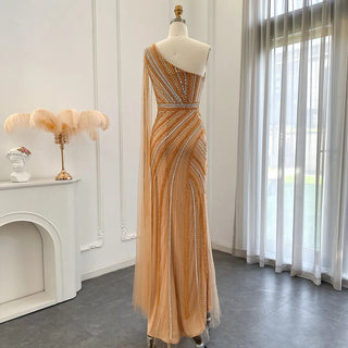 Luxury Beaded Dubai Gold Mermaid Evening Dress with Cape Sleeve: Long, Elegant Women's Wedding and Formal Party Gowns