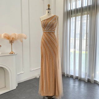 Luxury Beaded Dubai Gold Mermaid Evening Dress with Cape Sleeve: Long, Elegant Women's Wedding and Formal Party Gowns