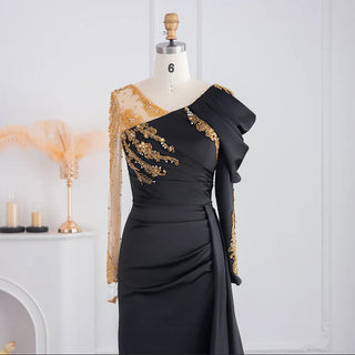 Luxury Black Satin Mermaid Arabic Evening Dress for Women's Wedding: Beaded Overskirt Elegant Formal Party Gown