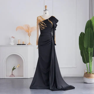 Luxury Black Satin Mermaid Arabic Evening Dress for Women's Wedding: Beaded Overskirt Elegant Formal Party Gown