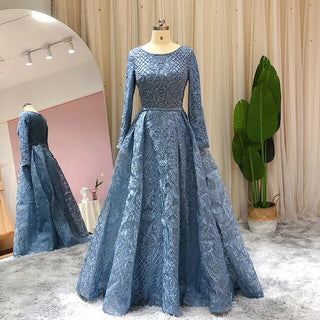 Luxury Blue Muslim Evening Dress: Emerald Green Dubai Arabic Formal Dresses for Plus Size Women at Wedding Parties