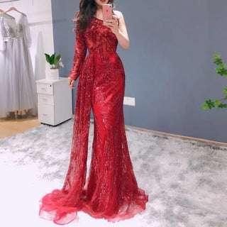 Luxury Burgundy Mermaid Evening Dresses: Elegant One-Shoulder Style with Overskirt for Arabic Women's Wedding and Formal Events