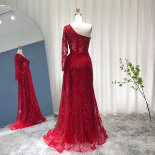 Luxury Burgundy Mermaid Evening Dresses: Elegant One-Shoulder Style with Overskirt for Arabic Women's Wedding and Formal Events