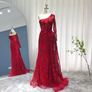 Luxury Burgundy Mermaid Evening Dresses: Elegant One-Shoulder Style with Overskirt for Arabic Women's Wedding and Formal Events