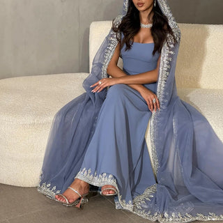 Luxury Crystal Blue Mermaid Dubai Evening Dresses with Cape Sleeves: Elegance for Arabic Women's Wedding Party Gowns