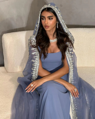 Luxury Crystal Blue Mermaid Dubai Evening Dresses with Cape Sleeves: Elegance for Arabic Women's Wedding Party Gowns