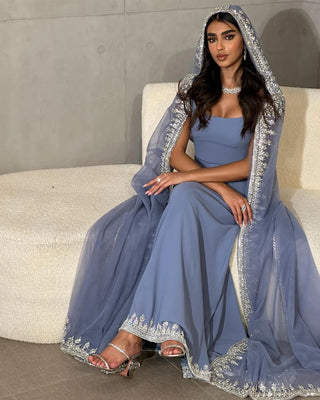 Luxury Crystal Blue Mermaid Dubai Evening Dresses with Cape Sleeves: Elegance for Arabic Women's Wedding Party Gowns