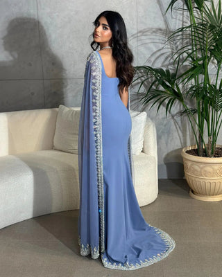 Luxury Crystal Blue Mermaid Dubai Evening Dresses with Cape Sleeves: Elegance for Arabic Women's Wedding Party Gowns