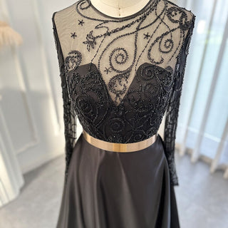 Luxury Dubai: Arabic Black Satin Evening Dress with Long Sleeves and Beaded Details - Ideal for Formal Party Gowns and Wedding Guests