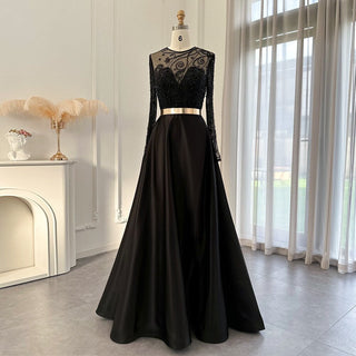 Luxury Dubai: Arabic Black Satin Evening Dress with Long Sleeves and Beaded Details - Ideal for Formal Party Gowns and Wedding Guests