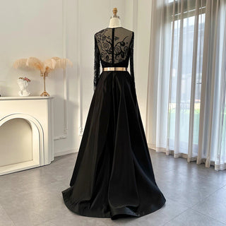 Luxury Dubai: Arabic Black Satin Evening Dress with Long Sleeves and Beaded Details - Ideal for Formal Party Gowns and Wedding Guests