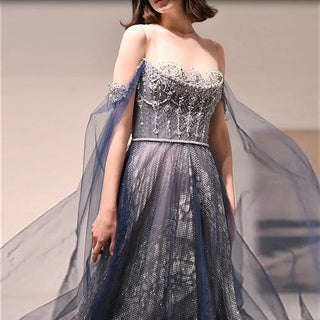 Luxury Dubai Blue Evening Dress with Cape Sleeves: Elegant Arabic Women's Prom Formal Dress for Wedding Party