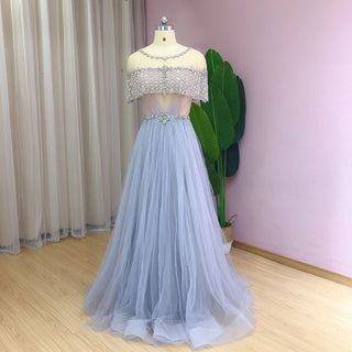 Luxury Dubai Blue Evening Dresses: Elegant Cap Sleeve Crystal Formal Prom Dress - Perfect for Women at Wedding Guest Parties