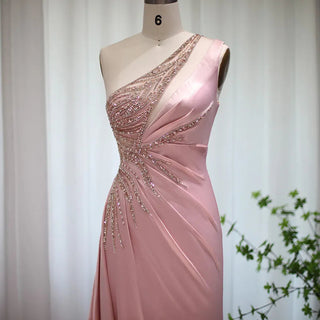 Luxury Dubai Blush Pink Mermaid One-Shoulder Evening Dress: High Slit, Long Prom Party Dresses for Wedding Guests