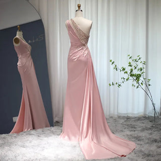 Luxury Dubai Blush Pink Mermaid One-Shoulder Evening Dress: High Slit, Long Prom Party Dresses for Wedding Guests