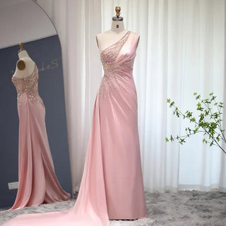 Luxury Dubai Blush Pink Mermaid One-Shoulder Evening Dress: High Slit, Long Prom Party Dresses for Wedding Guests