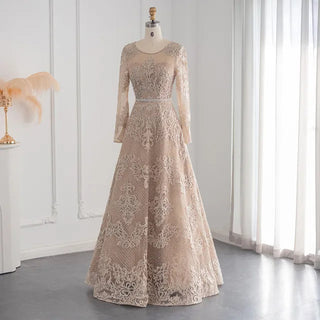 Luxury Dubai Champagne Lace Muslim Evening Dress: Long Sleeve, Plus Size Women's Arabic Formal Party Dresses for Wedding Guests