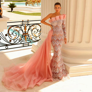 Elegant Peach Mermaid Arabic Evening Dress 2024 - One Shoulder, Luxury Pearls, Beaded Gown for Women's Party