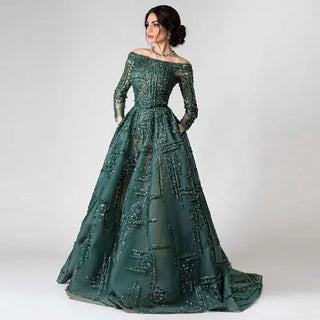 Luxury Dubai Emerald Green Evening Dress: Elegant Off-Shoulder Arabic Women's Muslim Wedding Gown