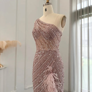 Luxury Dubai Evening Dress in Pink Feathers: One-Shoulder, High-Slit Mermaid Prom and Formal Gown for Women's Wedding