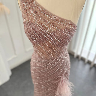 Luxury Dubai Evening Dress in Pink Feathers: One-Shoulder, High-Slit Mermaid Prom and Formal Gown for Women's Wedding