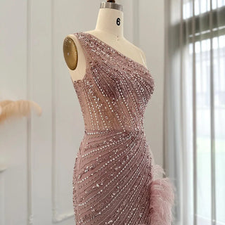 Luxury Dubai Evening Dress in Pink Feathers: One-Shoulder, High-Slit Mermaid Prom and Formal Gown for Women's Wedding