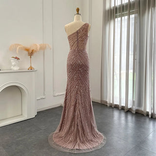 Luxury Dubai Evening Dress in Pink Feathers: One-Shoulder, High-Slit Mermaid Prom and Formal Gown for Women's Wedding