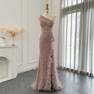 Luxury Dubai Evening Dress in Pink Feathers: One-Shoulder, High-Slit Mermaid Prom and Formal Gown for Women's Wedding