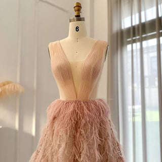 Luxury Dubai Feather Blush Pink Short Evening Dress: Midi Formal Cocktail Prom Gown for Women's Wedding Party