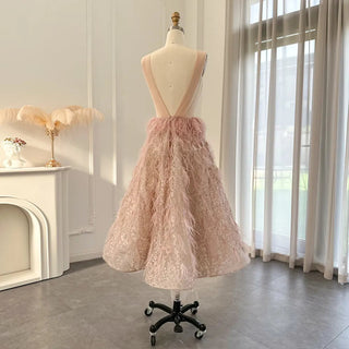 Luxury Dubai Feather Blush Pink Short Evening Dress: Midi Formal Cocktail Prom Gown for Women's Wedding Party