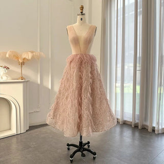 Luxury Dubai Feather Blush Pink Short Evening Dress: Midi Formal Cocktail Prom Gown for Women's Wedding Party