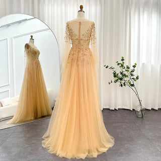 Luxury Dubai Gold Arabic Evening Dress with Cape Sleeve: Elegant Women's Prom and Formal Wedding Guest Party Dresses