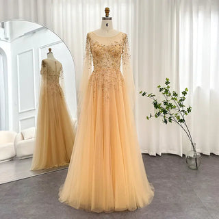 Luxury Dubai Gold Arabic Evening Dress with Cape Sleeve: Elegant Women's Prom and Formal Wedding Guest Party Dresses