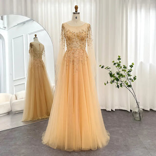 Luxury Dubai Gold Arabic Evening Dress with Cape Sleeve: Elegant Women's Prom and Formal Wedding Guest Party Dresses